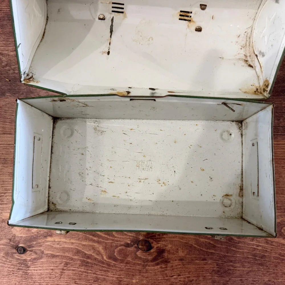 Vintage Antique Green Metal Dome Top Lunch Box Pail Star Embossed Patented 1920s